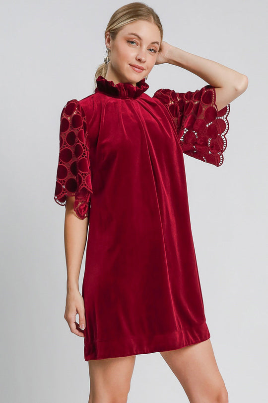 Trendsi Umgee Dotted Lace Half Sleeve Mock Neck Back Tie Velvet Dress