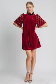 Trendsi Umgee Dotted Lace Half Sleeve Mock Neck Back Tie Velvet Dress