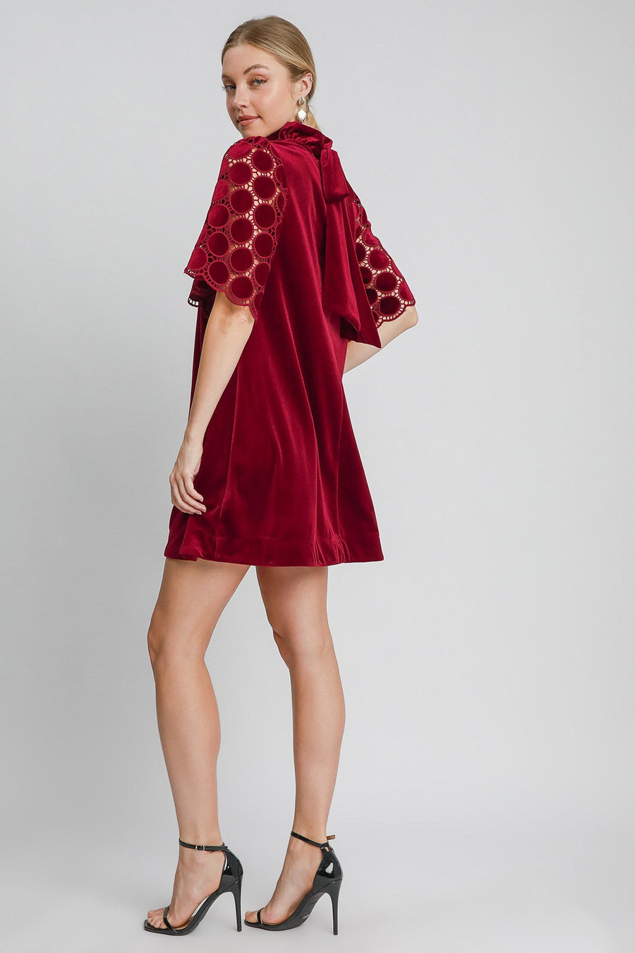 Trendsi Umgee Dotted Lace Half Sleeve Mock Neck Back Tie Velvet Dress