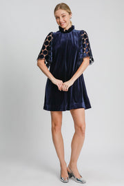 Trendsi Umgee Dotted Lace Half Sleeve Mock Neck Back Tie Velvet Dress