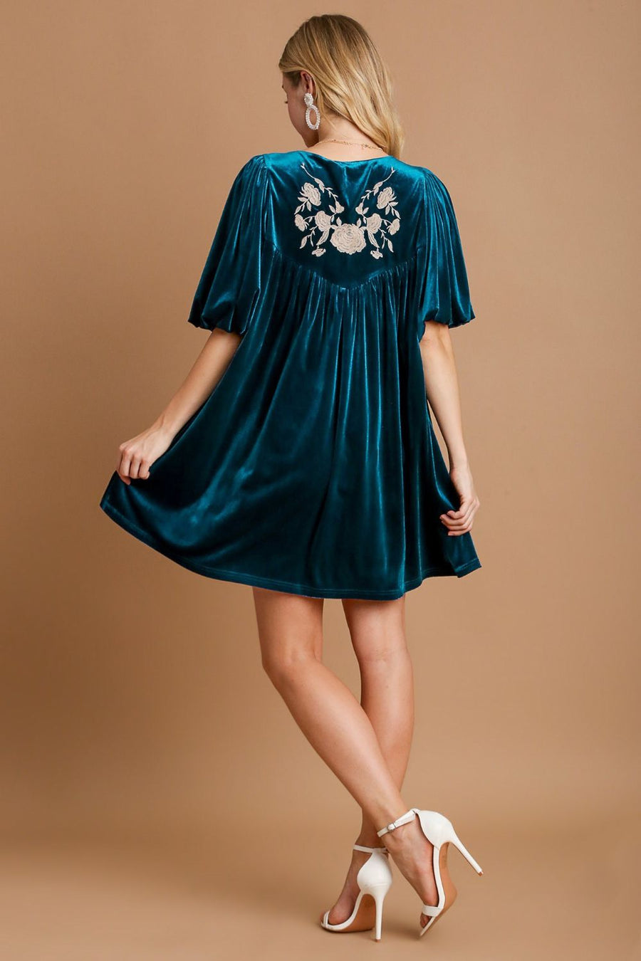 Trendsi Umgee Embroidered Half Sleeve Velvet Mini Dress with Tassel