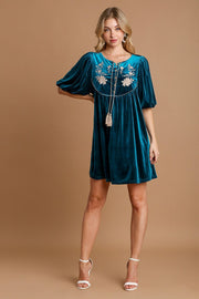 Trendsi Umgee Embroidered Half Sleeve Velvet Mini Dress with Tassel