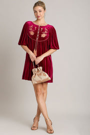 Trendsi Umgee Embroidered Half Sleeve Velvet Mini Dress with Tassel