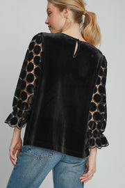 Trendsi Umgee Polka Dot Lace Long Sleeve Round Neck Blouse