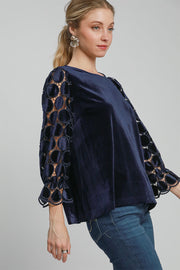 Trendsi Umgee Polka Dot Lace Long Sleeve Round Neck Blouse