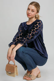 Trendsi Umgee Polka Dot Lace Long Sleeve Round Neck Blouse