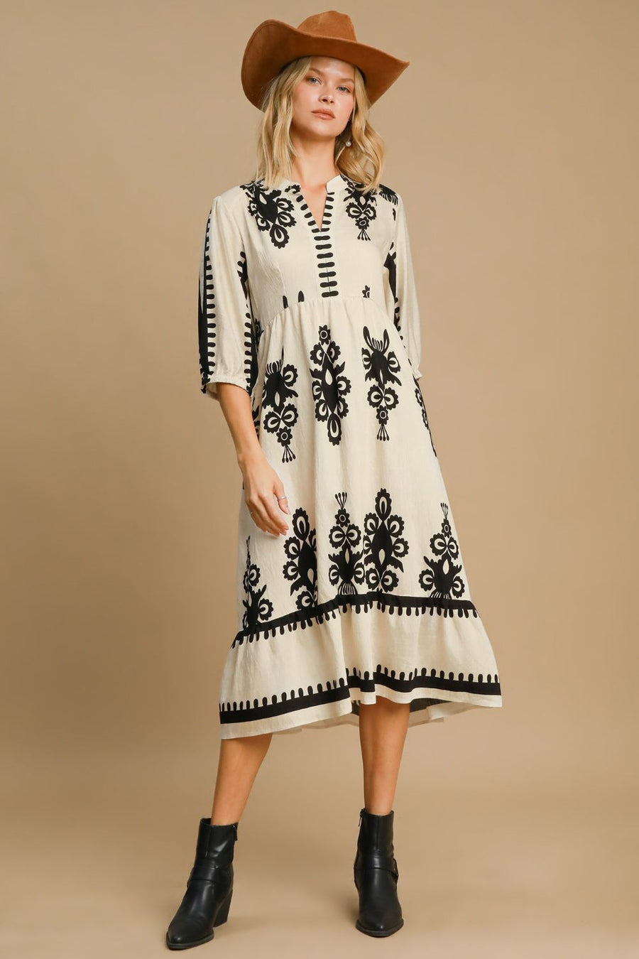 Trendsi Umgee Printed Notched Midi Dress