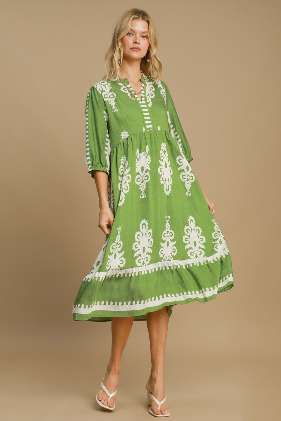 Trendsi Umgee Printed Notched Midi Dress