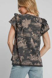 Trendsi Umgee Ruffled Landscape Print Short Sleeve French Terry Top