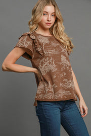 Trendsi Umgee Ruffled Landscape Print Short Sleeve French Terry Top