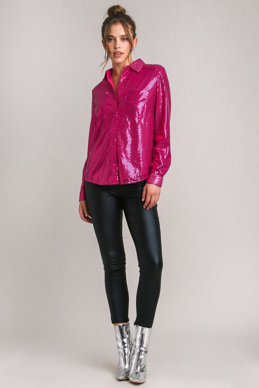 Trendsi Umgee Sequin Long Sleeve Shirt with Side Chest Pocket