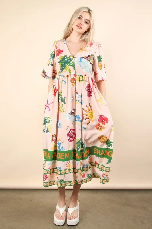 Trendsi VERY J Button Down Printed Midi Dress