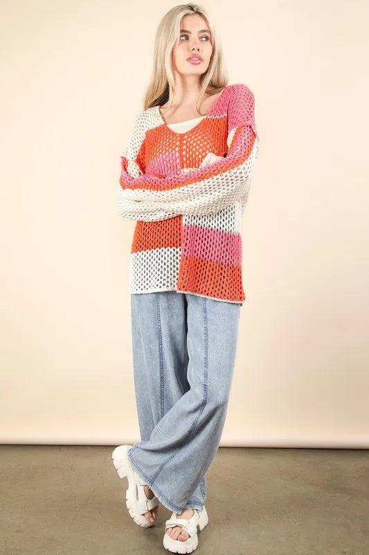 Trendsi VERY J Color Block Oversized Summer Knit Cover Up