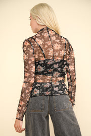 Trendsi VERY J Floral Mock Neck Sheer Mesh Blouse