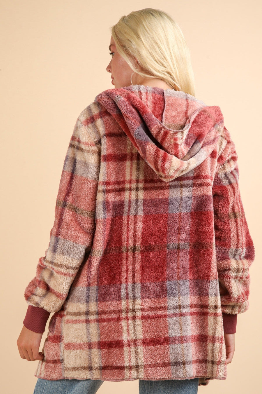 Trendsi VERY J Fuzzy Plaid Long Sleeve Hooded Jacket