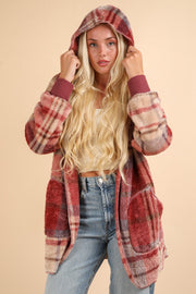 Trendsi VERY J Fuzzy Plaid Long Sleeve Hooded Jacket