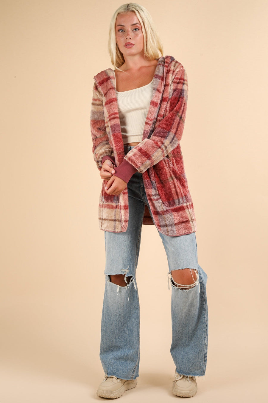 Trendsi VERY J Fuzzy Plaid Long Sleeve Hooded Jacket