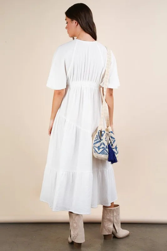 Trendsi VERY J Mineral Washed Elastic Neck Detail Midi Dress