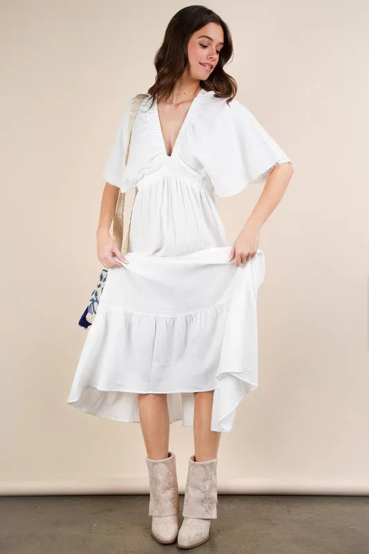 Trendsi VERY J Mineral Washed Elastic Neck Detail Midi Dress