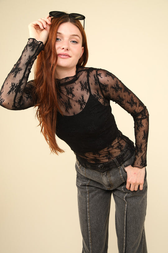 Trendsi VERY J Mock Neck Fitted Sheer Mesh Lace Blouse