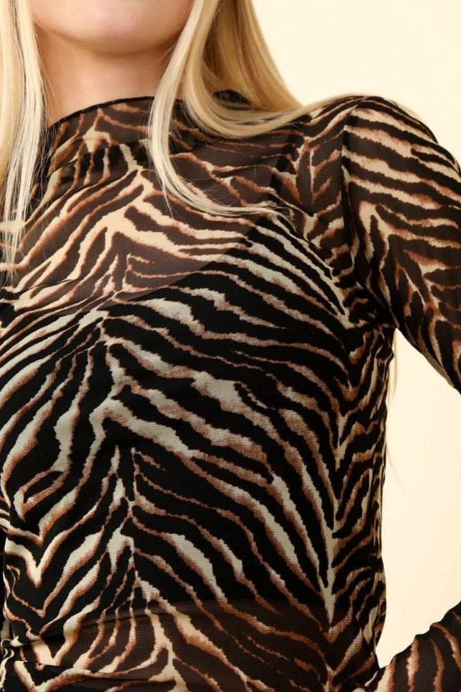 Trendsi VERY J  Zebra Print Mock Neck Sheer Mesh Blouse