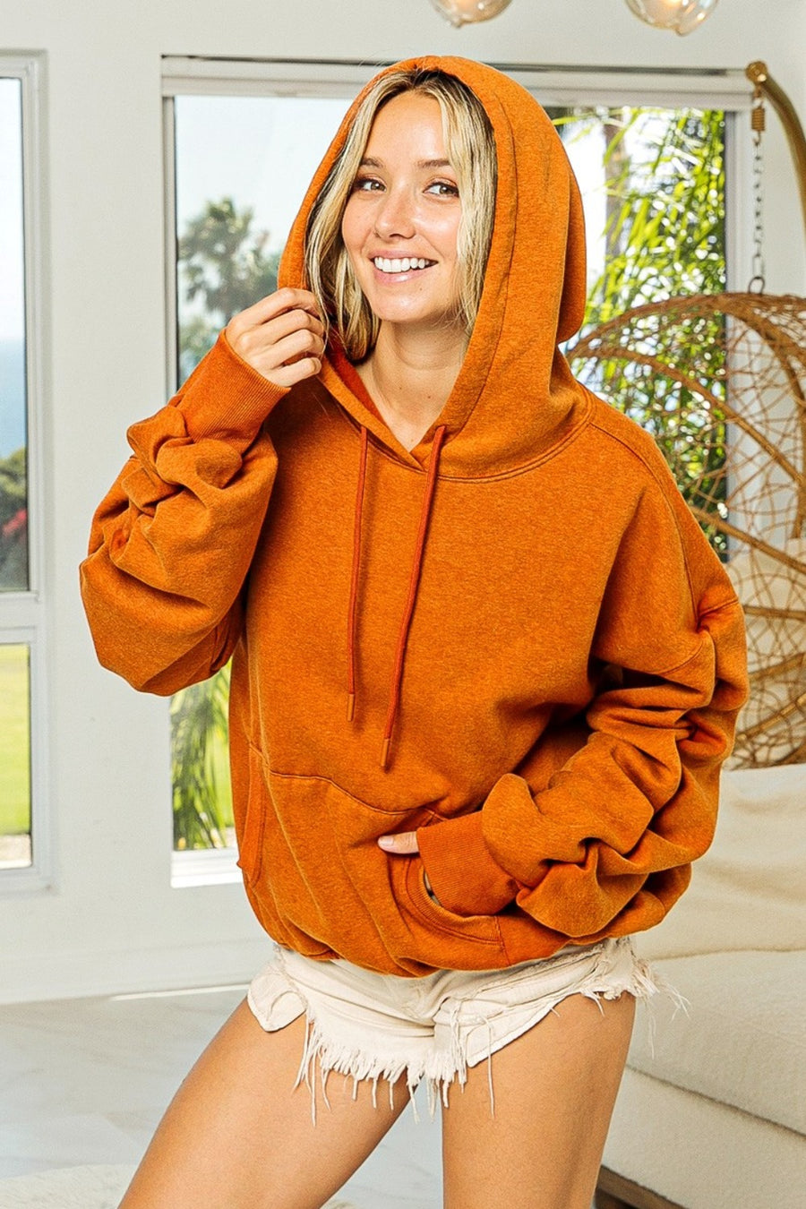 Trendsi Vintage Rust / S BiBi Ruched Long Sleeve Washed Fleece Hoodie