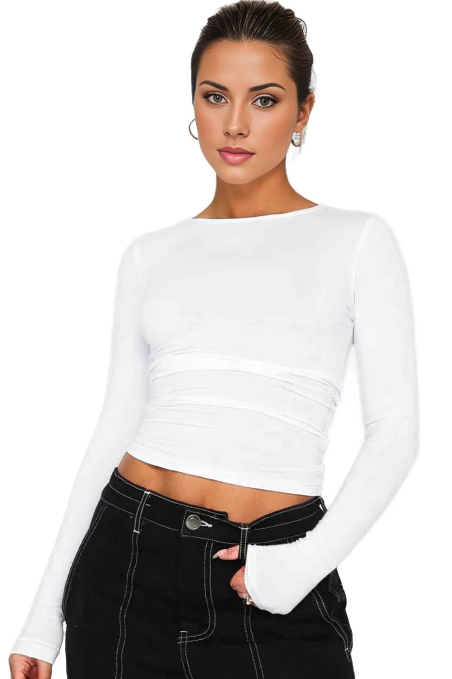 Trendsi White / S Pre- Order Round Neck Long-Sleeve Top