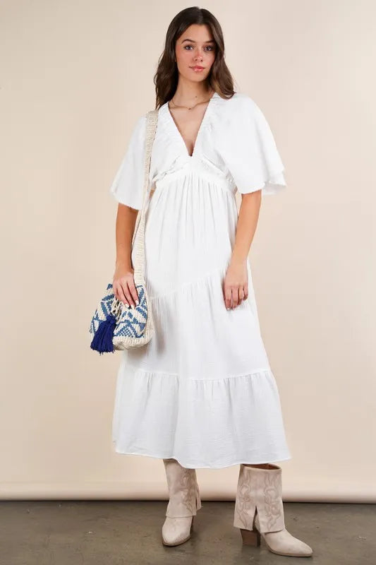 Trendsi White / S VERY J Mineral Washed Elastic Neck Detail Midi Dress