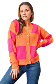 Woven Right Checkered V-Neck Dropped Shoulder Cardigan