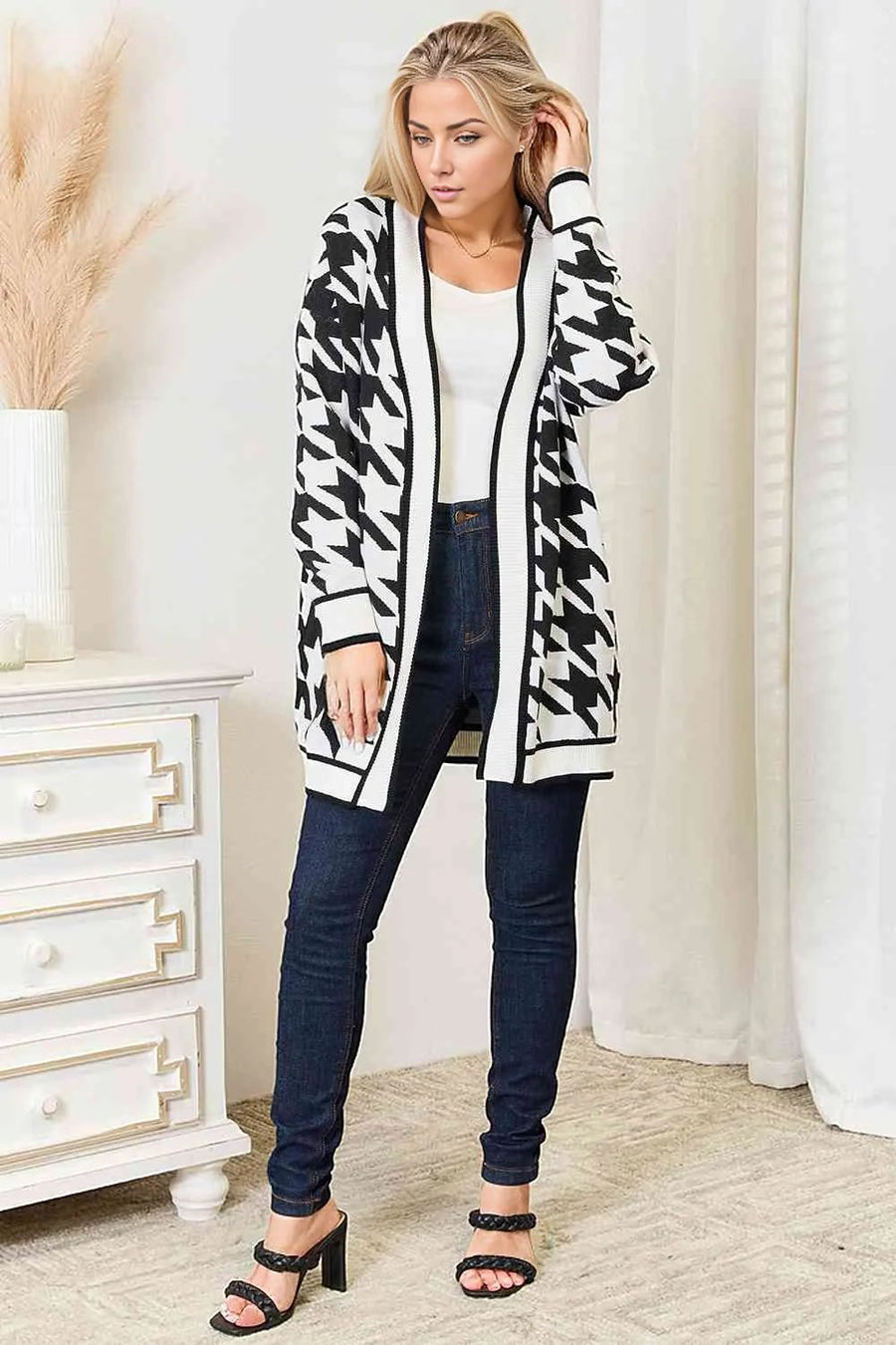 Woven Right Houndstooth Open Front Longline Cardigan