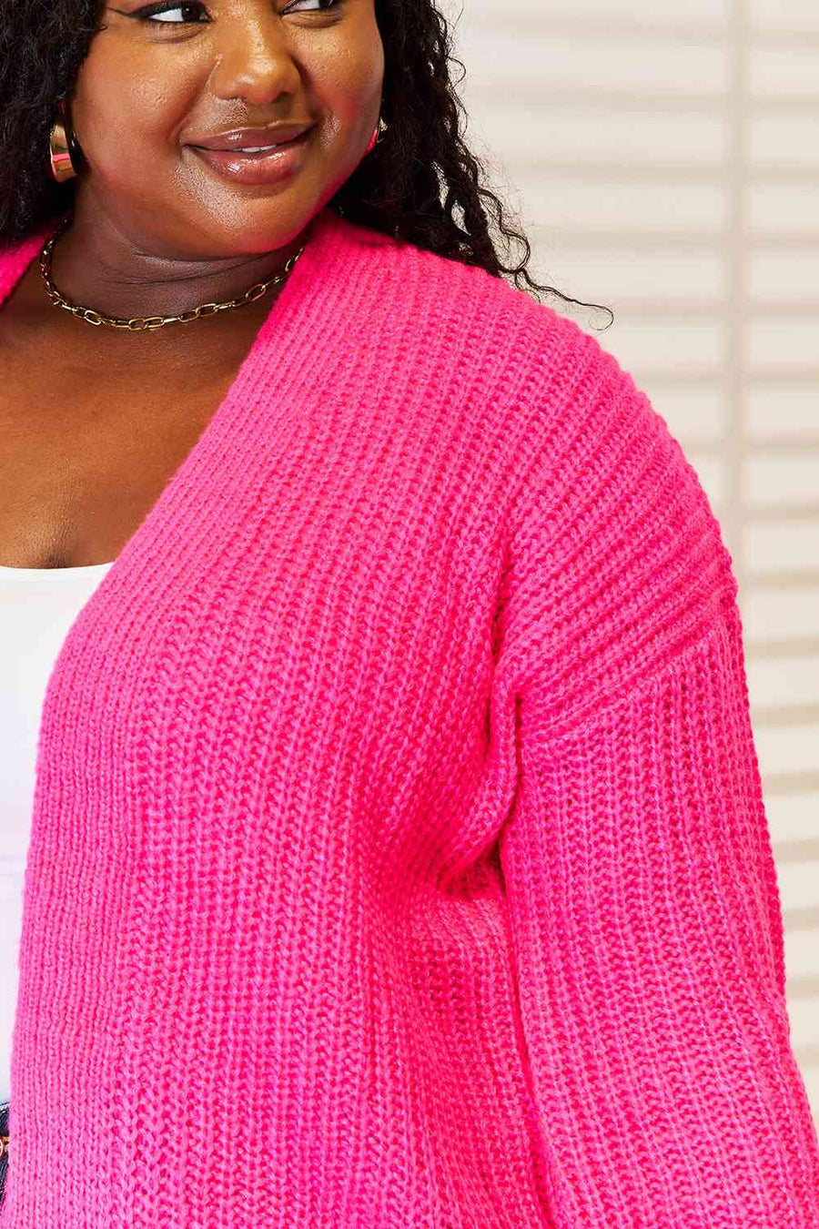 Trendsi Woven Right Rib-Knit Open Front Drop Shoulder Cardigan