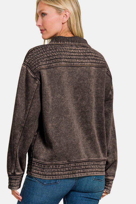 Trendsi Zenana Acid Washed Half Snap Fleece Sweatshirt