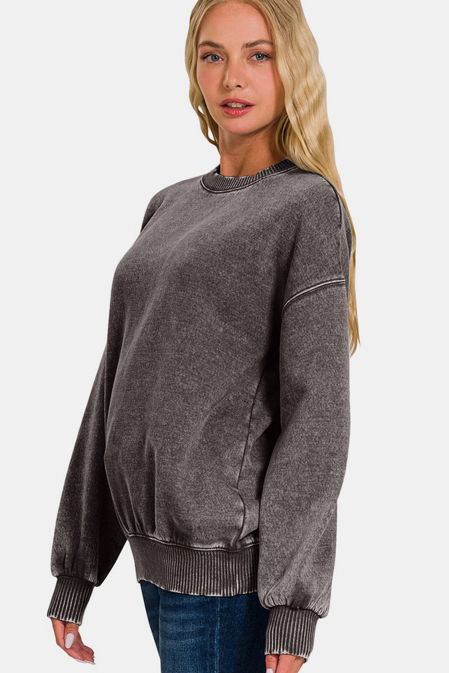 Trendsi Zenana Full Size Acid Wash Fleece Long Sleeve Sweatshirt