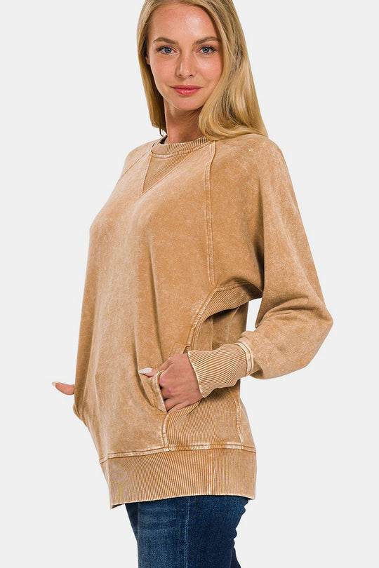 Trendsi Zenana Pocketed Round Neck Sweatshirt