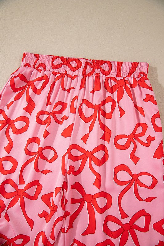 YNIQUE 2pcs Bow Print Shirt Style Long Sleeve Pajama Set