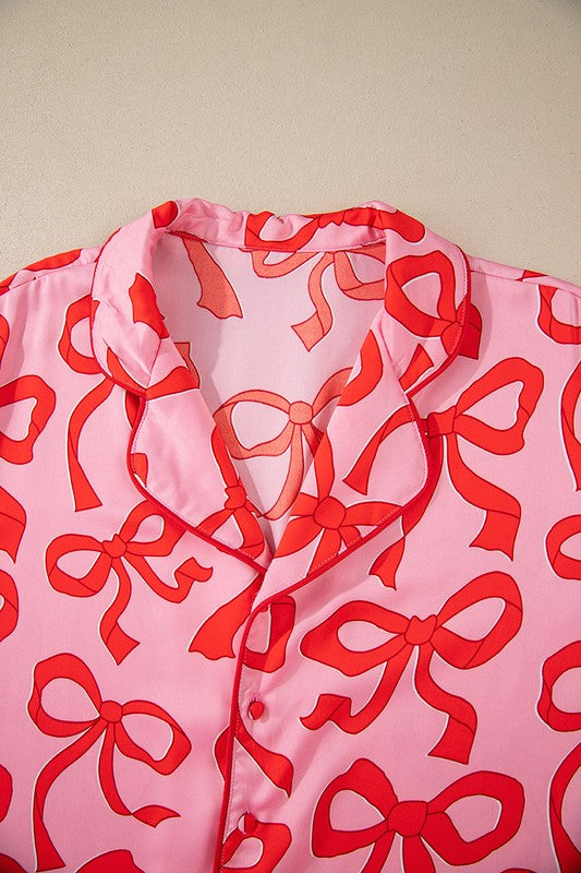 YNIQUE 2pcs Bow Print Shirt Style Long Sleeve Pajama Set