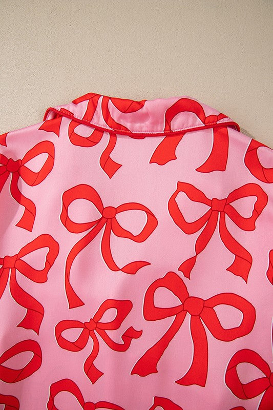 YNIQUE 2pcs Bow Print Shirt Style Long Sleeve Pajama Set