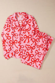 YNIQUE 2pcs Bow Print Shirt Style Long Sleeve Pajama Set
