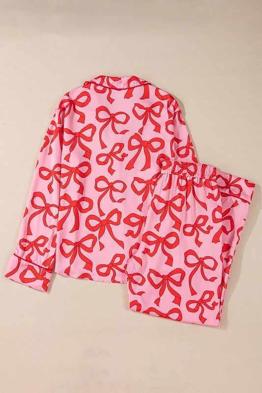 YNIQUE 2pcs Bow Print Shirt Style Long Sleeve Pajama Set
