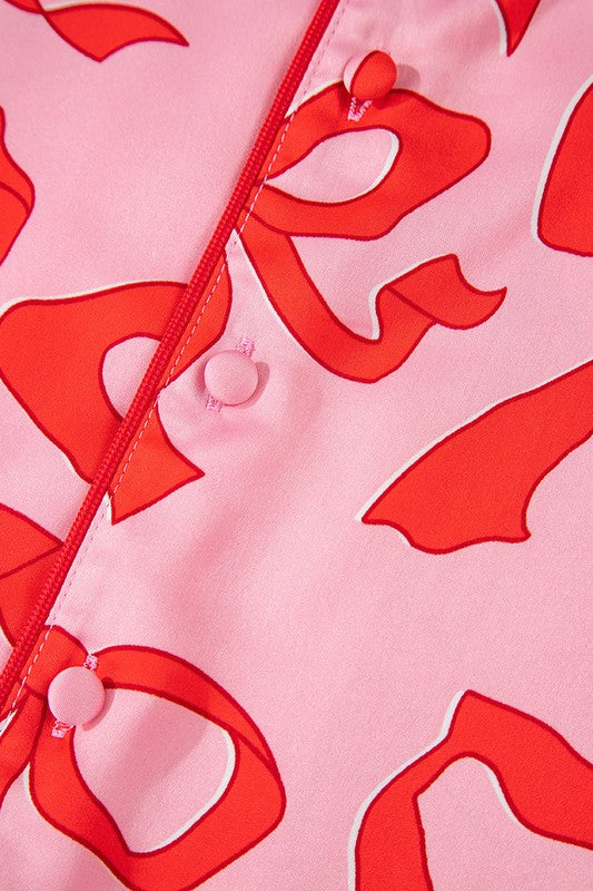 YNIQUE 2pcs Bow Print Shirt Style Long Sleeve Pajama Set