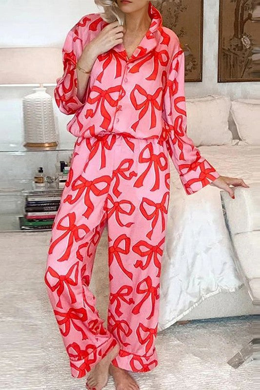 YNIQUE pink / M 2pcs Bow Print Shirt Style Long Sleeve Pajama Set