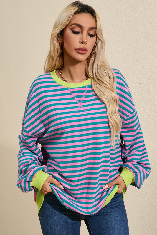 YNIQUE Pink / S Women Oversized Contrast Trim Pullover Sweatshirt