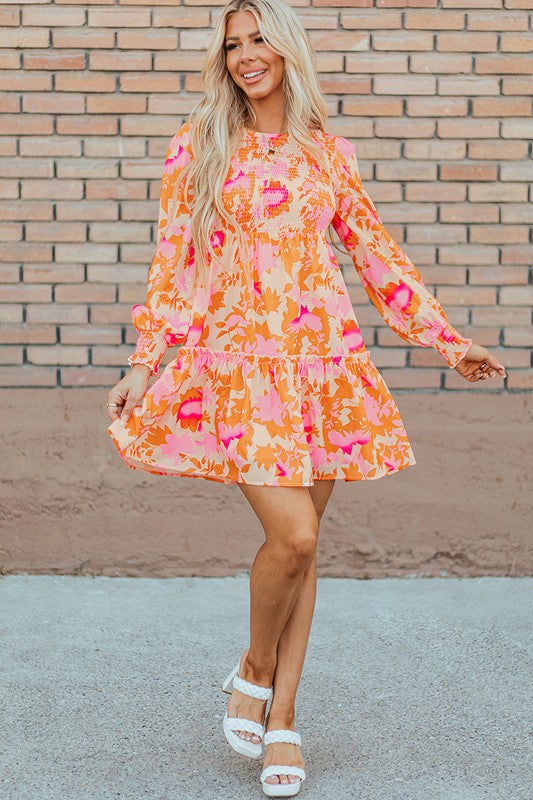 YNIQUE Women Smocked Lantern Sleeve Ruffle Mini Dress
