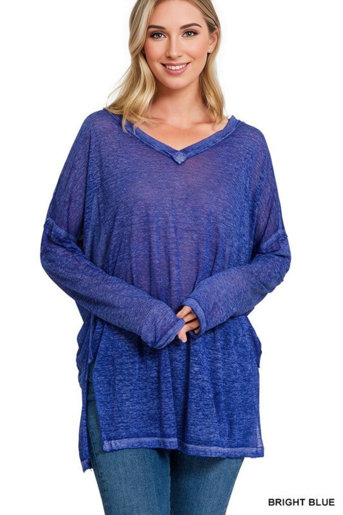 MELANGE BURNOUT DOLMAN SLEEVE V-NECK TOP