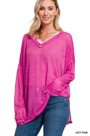 MELANGE BURNOUT DOLMAN SLEEVE V-NECK TOP