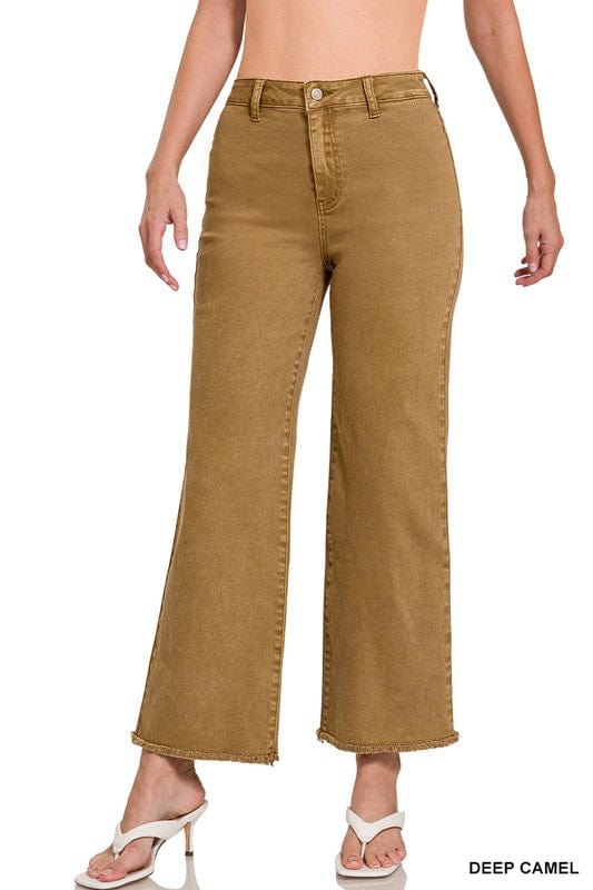 DEEP CAMEL / S Acid Wash Frayed Cutoff Hem Straight Wide Pants