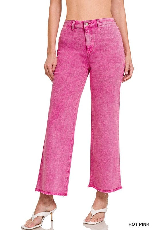 HOT PINK / S Acid Wash Frayed Cutoff Hem Straight Wide Pants