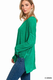 MELANGE BURNOUT DOLMAN SLEEVE V-NECK TOP