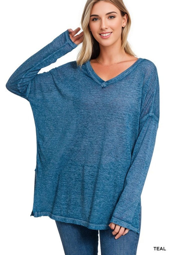 MELANGE BURNOUT DOLMAN SLEEVE V-NECK TOP