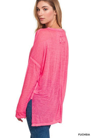 MELANGE BURNOUT DOLMAN SLEEVE V-NECK TOP